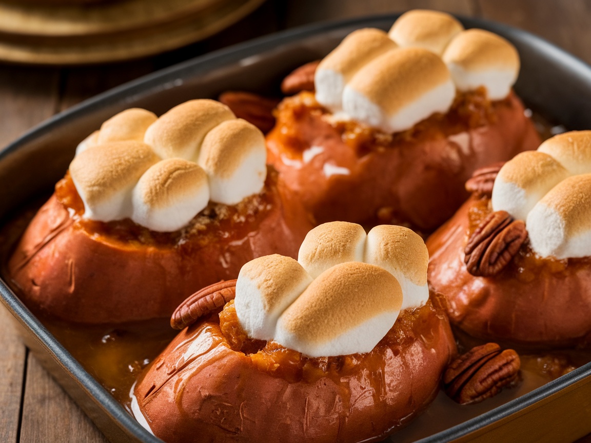 Baked Candied Sweet Potatoes with Marshmallows Baked candied sweet potatoes with marshmallows in a baking dish, garnished with pecans, on a rustic table.